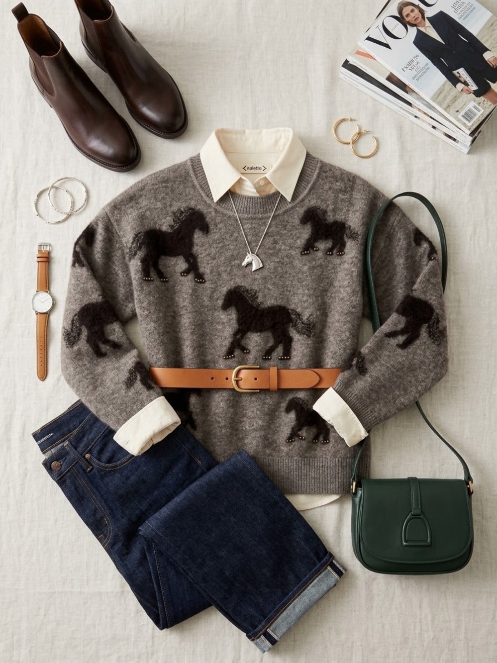 Nanette Lepore Brown Horse-Print Crewneck Sweater Sz L NWT